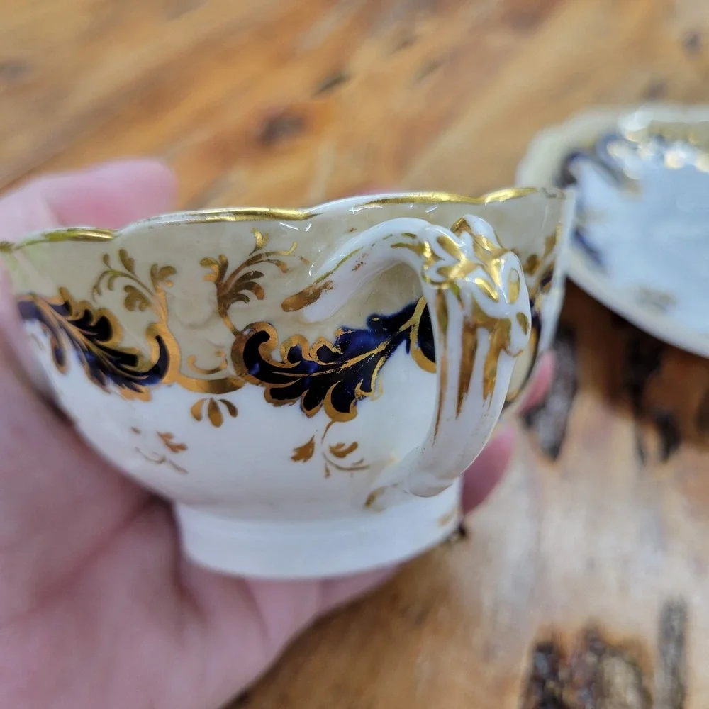 Antique John‎ Ridgway Tea Cup Saucer Cauldon Place Foliage Blue Gilding Acanthus